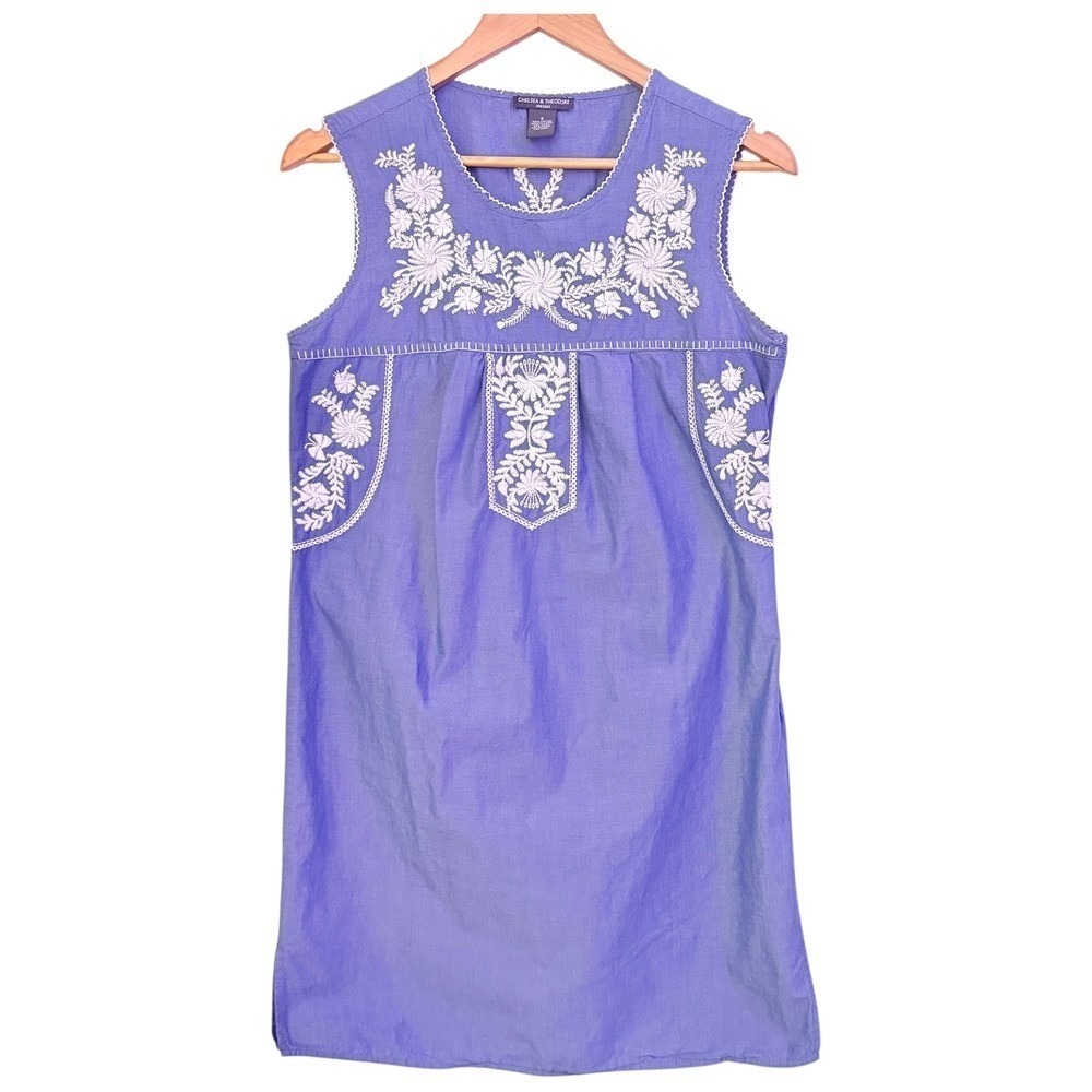 Embroidered Cotton Shift Dress Women's S Blue White Western BOHO Cottagecore